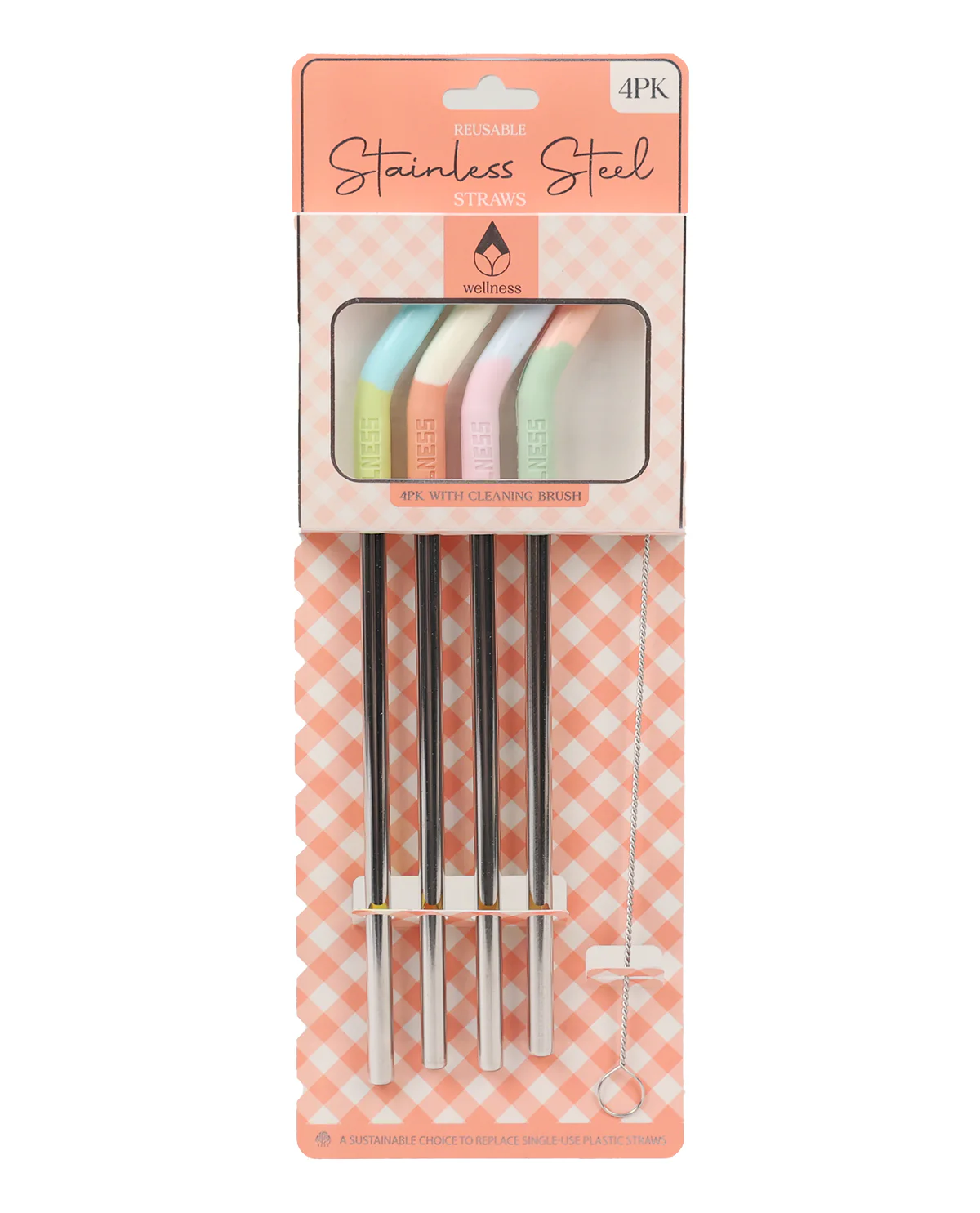4pk Stainless Steel Straws With Brush - Peach