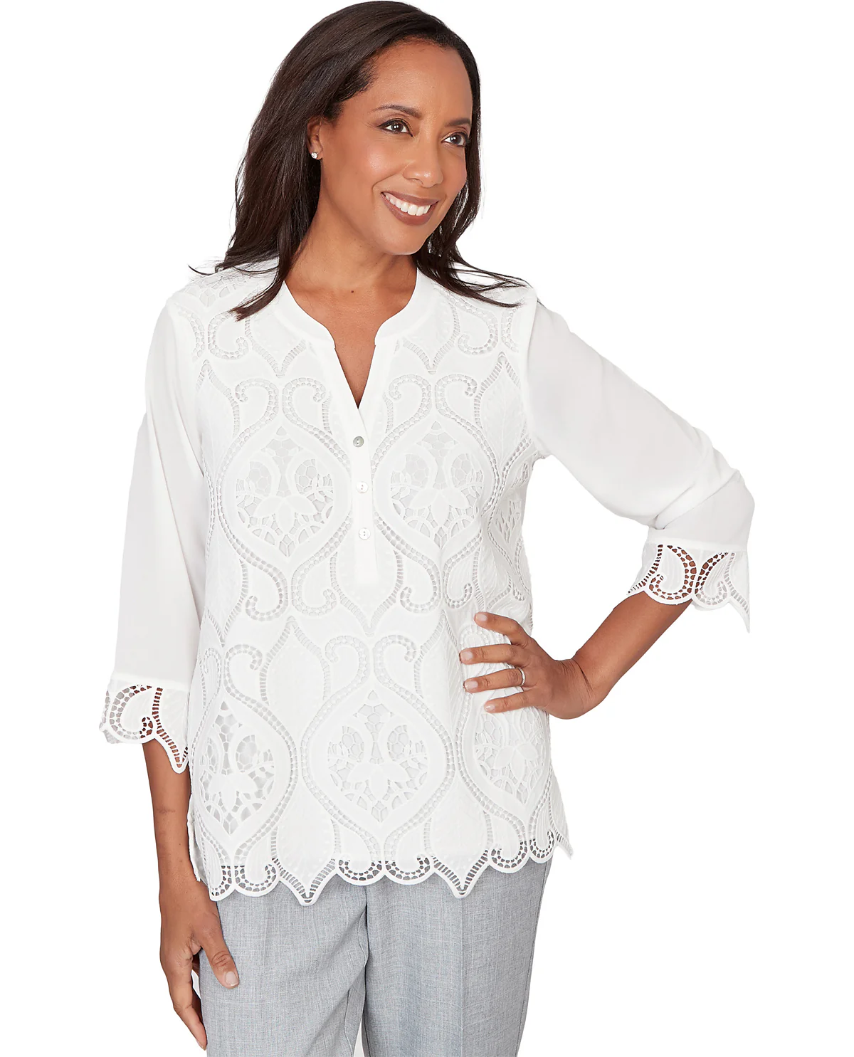 Alfred Dunner Al Fresco Cutout Lace Front Blouse