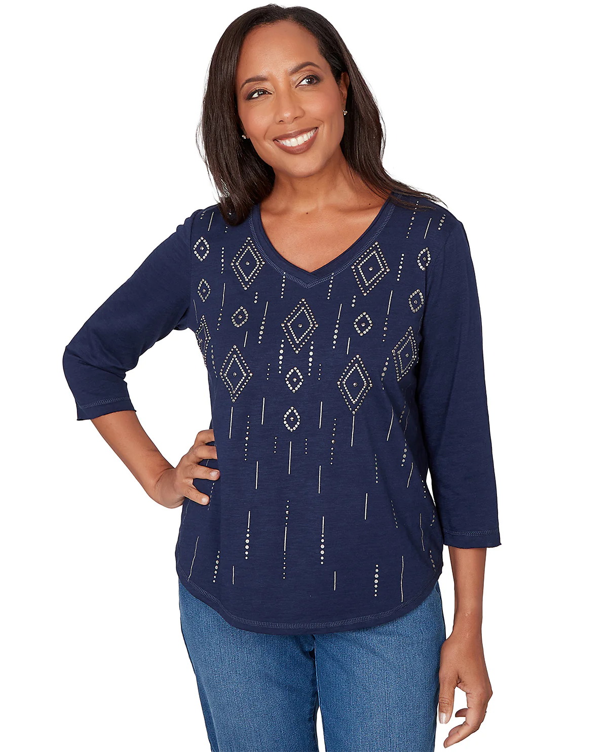 Alfred Dunner Austin Diamond Geometric Heat Set Knit Top Navy