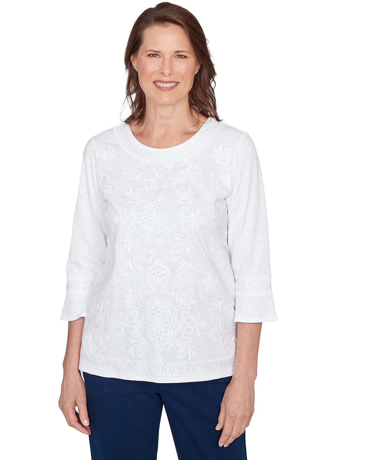 Alfred Dunner Mykonos White Medallion Embroidery Top