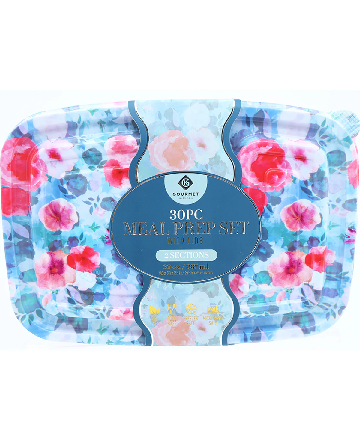 30Pc. Blue Watercolor Floral 2-Section Meal Prep Containers