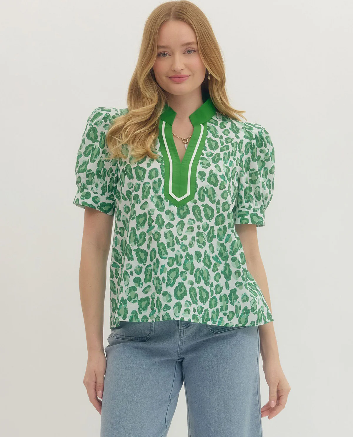 Entro Animal Print Top with Solid Trim and Cuff Sleeves
