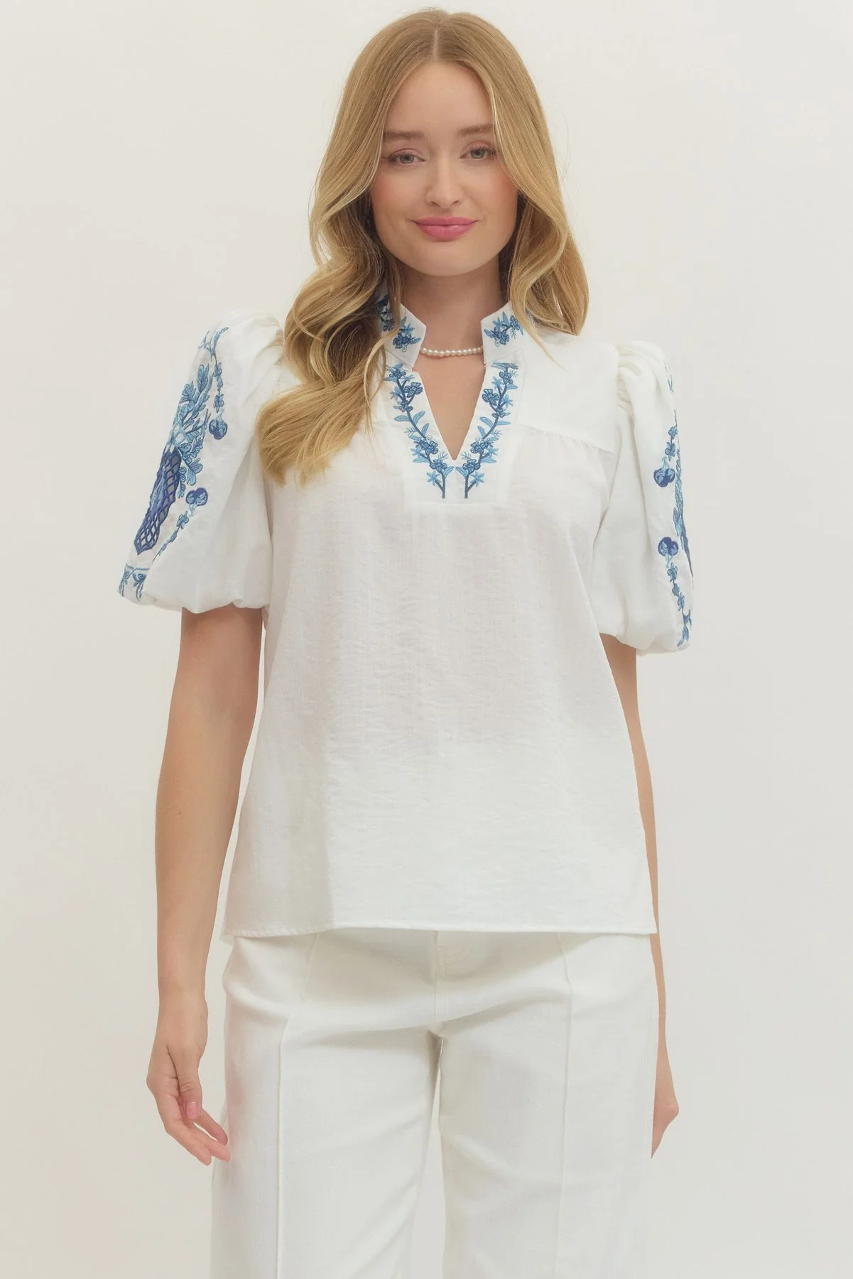 Entro Solid Top with Embroidered Trim Ivory