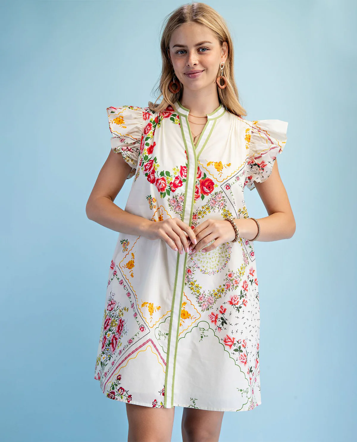 Gigio Floral Print Ruffle Sleeve Dress White