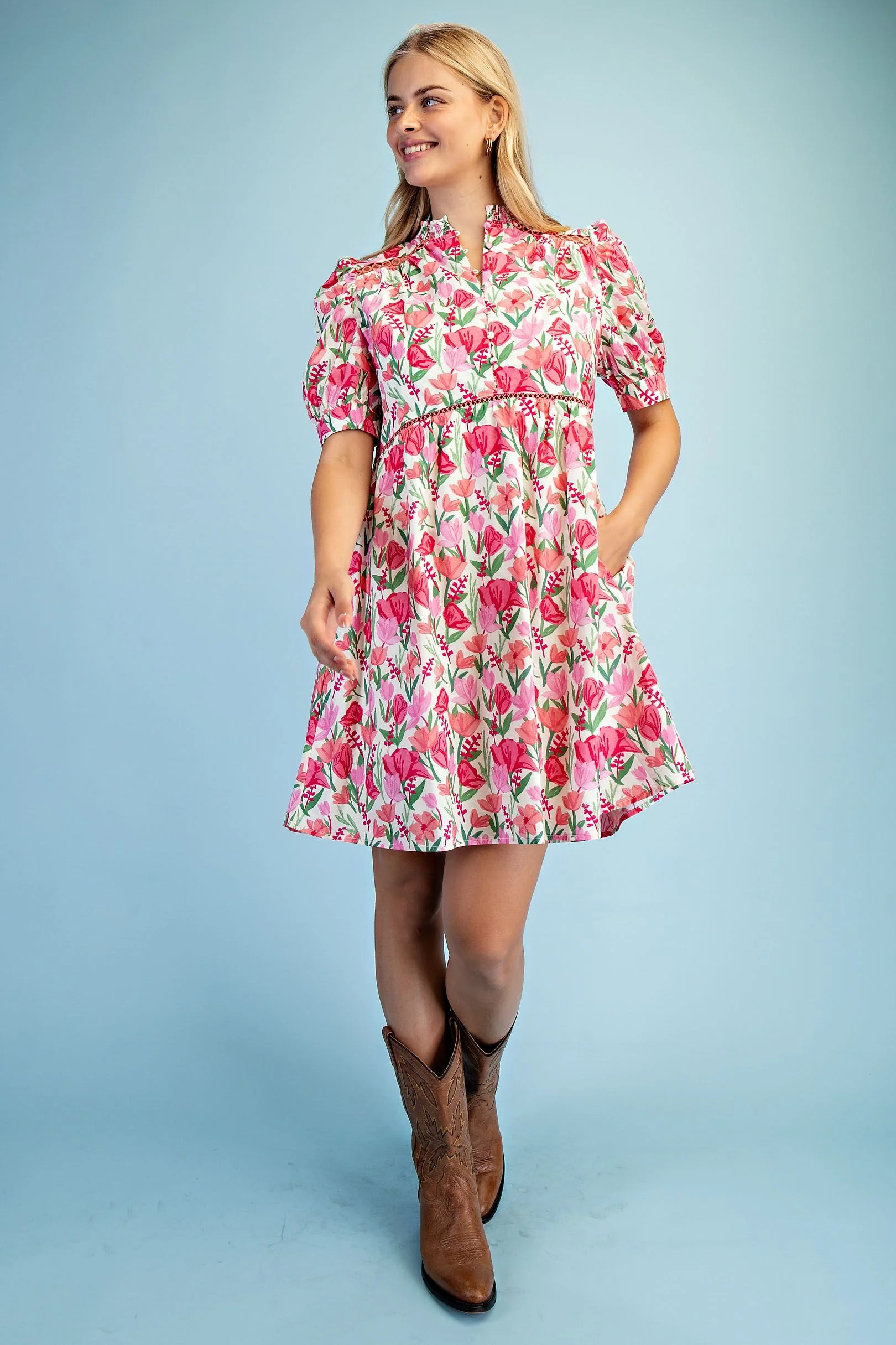 Gigio Floral Smock Neck Dress Pink