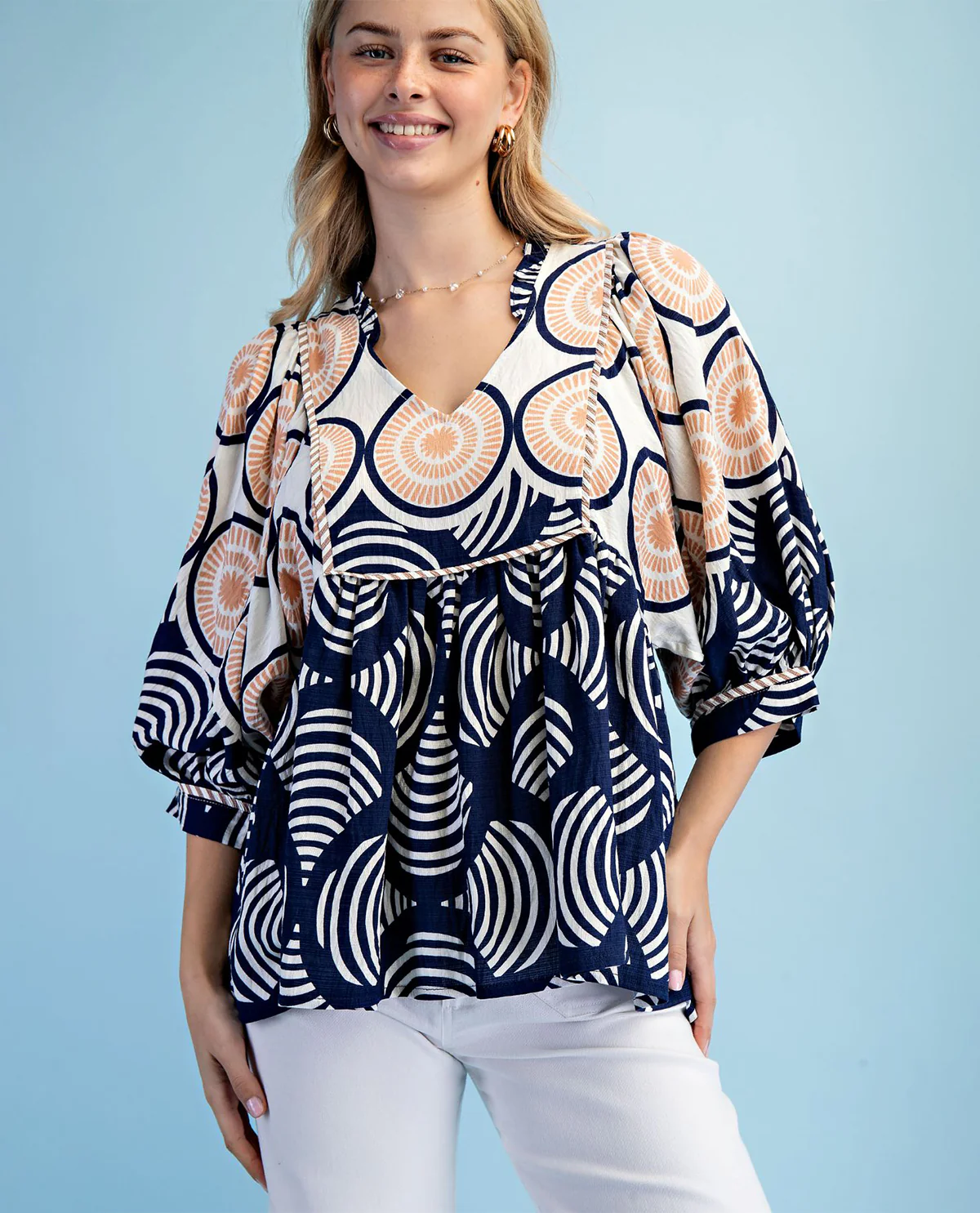 Gigio Print V-Neck Babydoll Top Navy