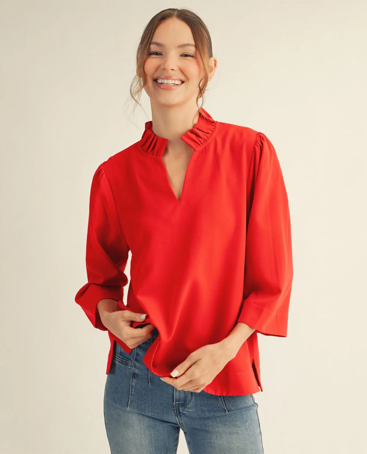 Jodifl Crinkle Solid Top With Ruffle Neckline Red