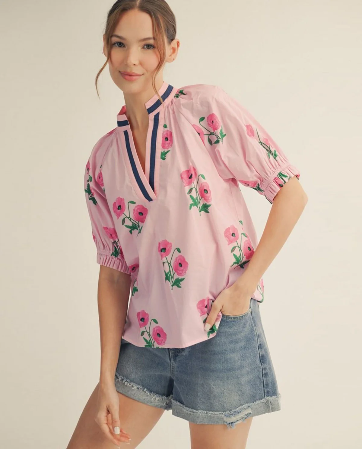 Jodifl Floral Top With Color Contrast Neckline and Ruffle Detail Sleeves