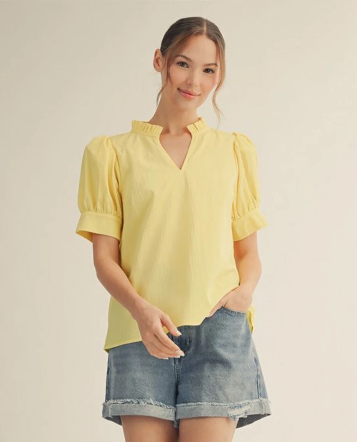 Jodifl Solid Crinkle Top With Puff Sleeves