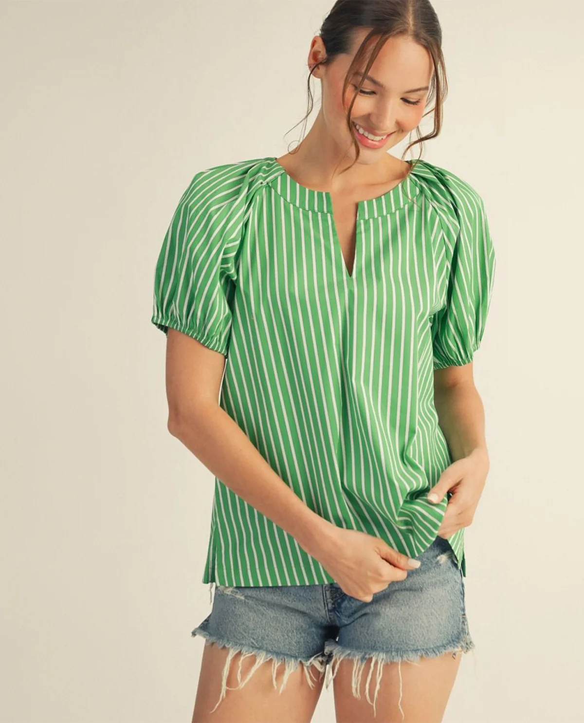 Jodifl Short Puff Sleeves Stripe Top With Side Slit Hem and Shoulder Pintuck Detail Green