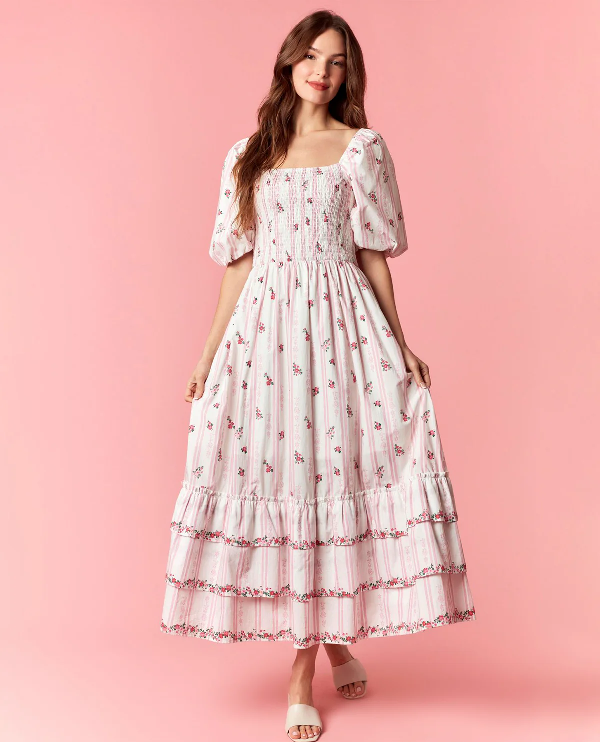 Peach Love Floral Bubble Sleeve Maxi Dress Pink
