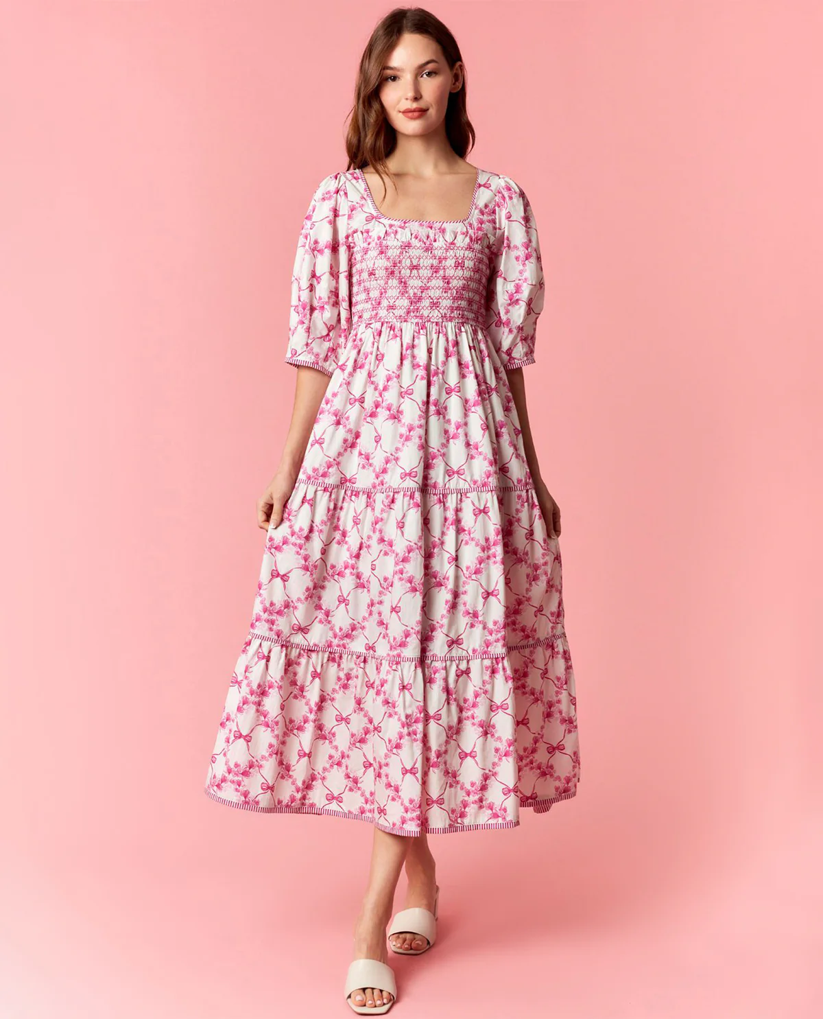 Peach Love Smocked Waist Bow Dress Magenta
