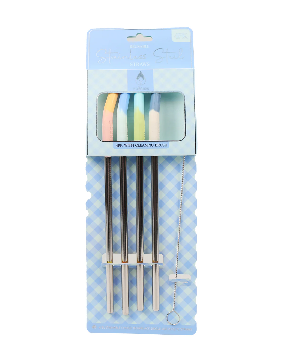 4pk Stainless Steel Straws With Brush - Blue