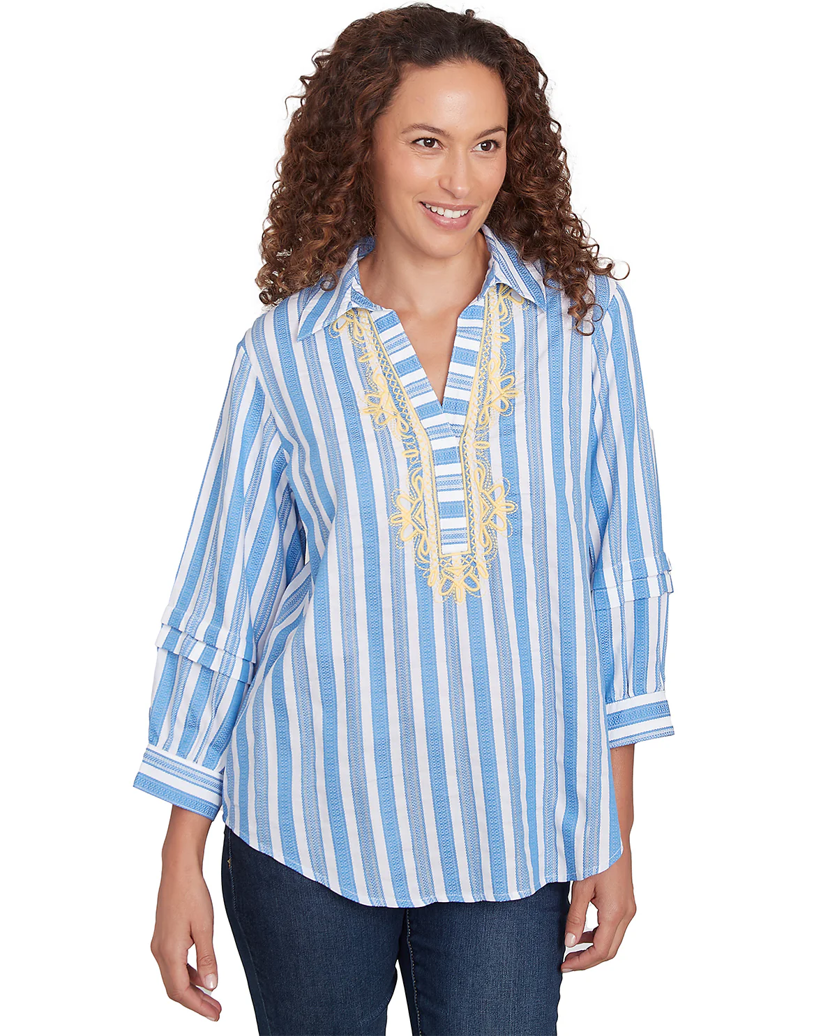 Ruby Road Bella Vista Dobby Stripe Woven Top Blue