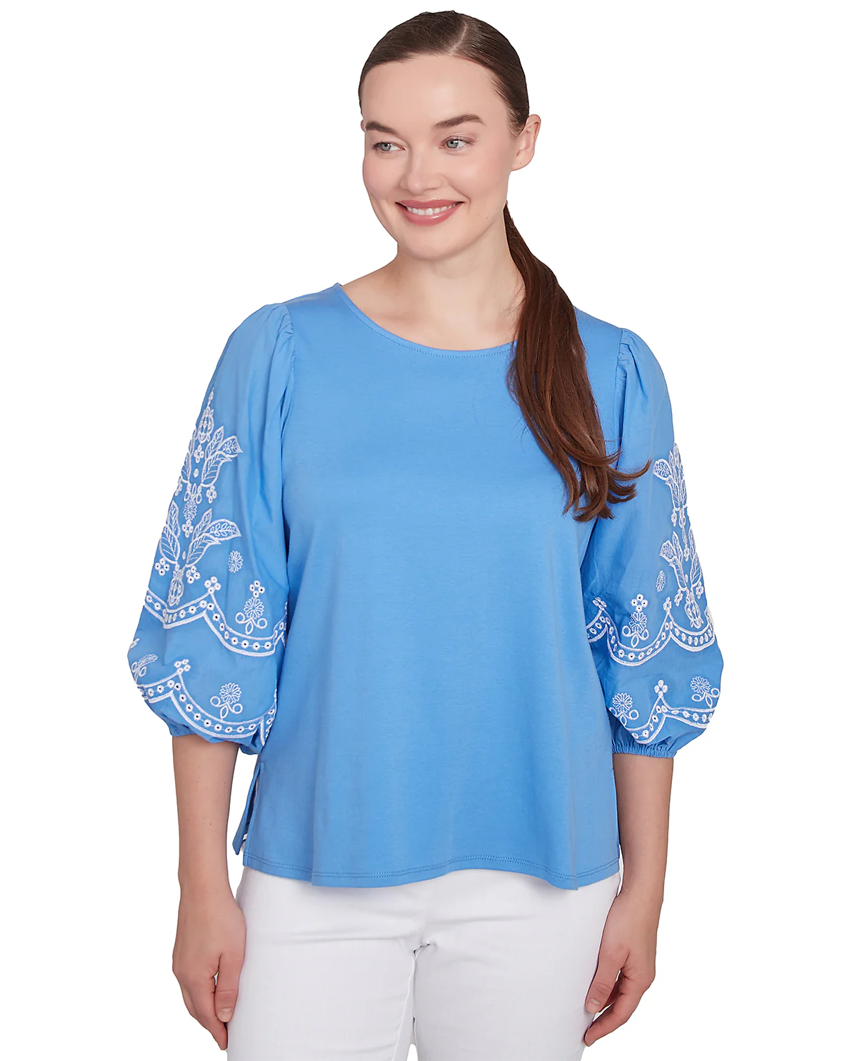 Ruby Road Bella Vista Embroidered Knit Top Blue