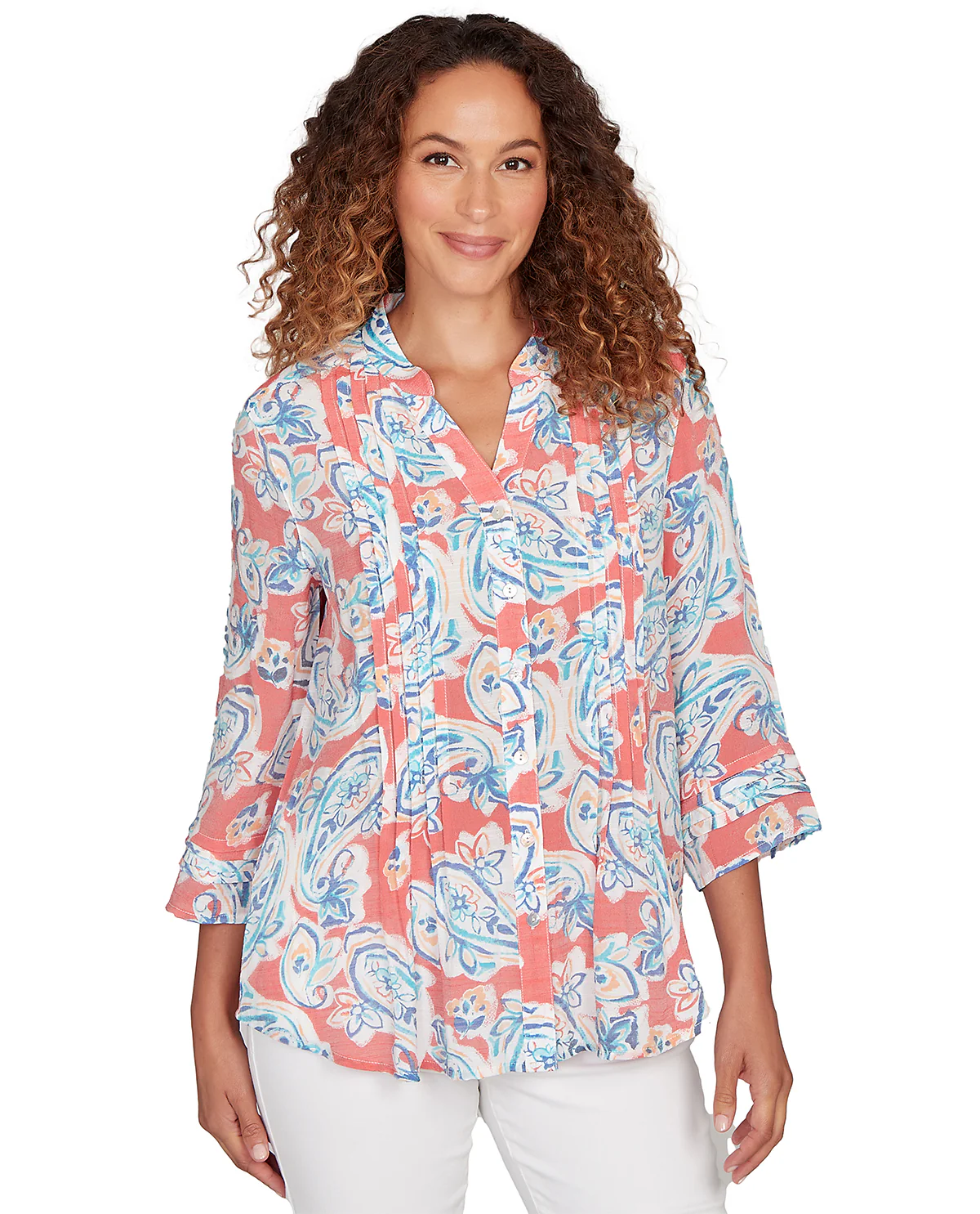 Ruby Road Paisley Print Silky Slub Top Coral