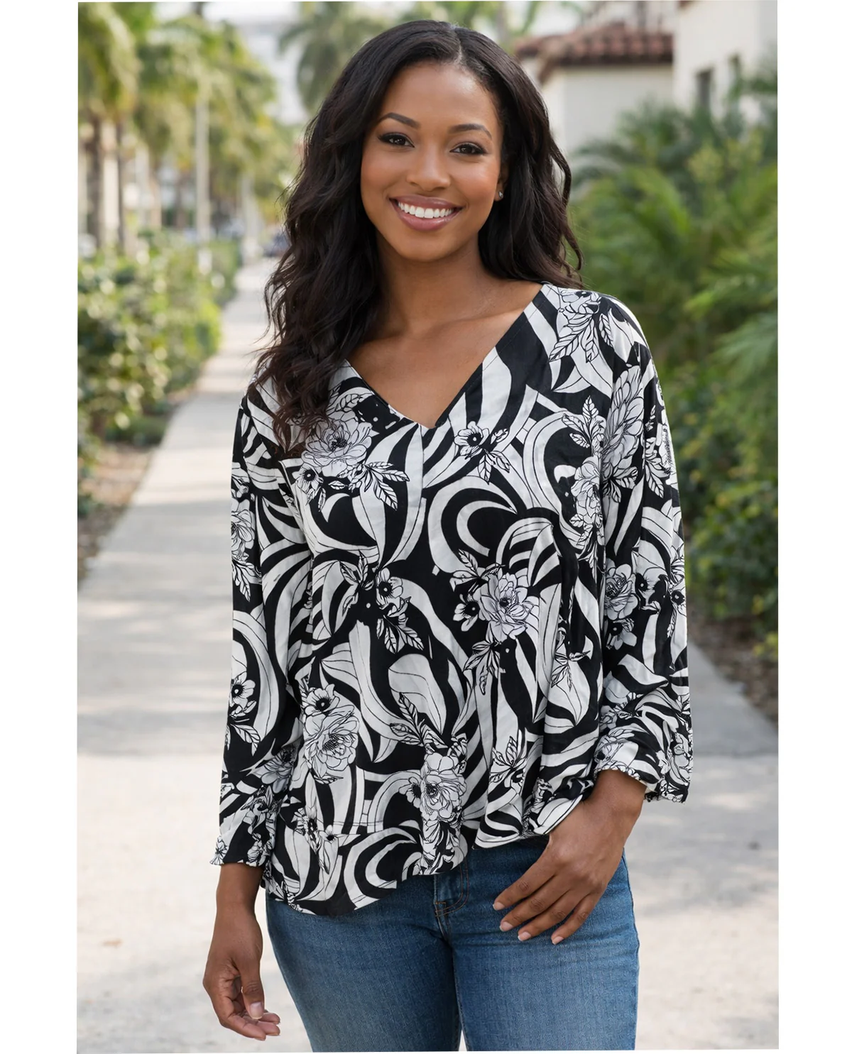 Ruby Road Women's Must Haves Floral Knit Top Black/White
