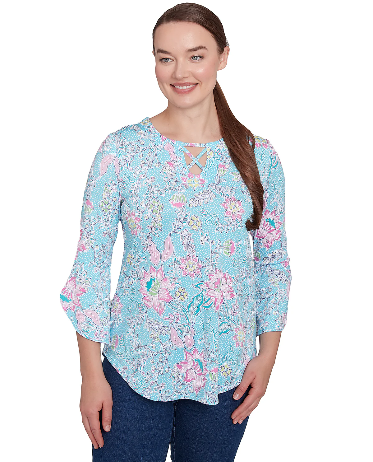 Ruby Road Missy Spring Oasis Split Neck Floral Knit Top