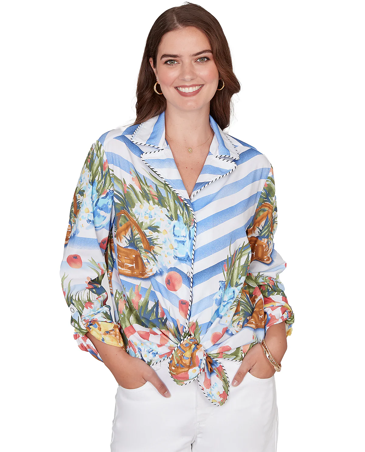 Ruby Road Missy Set Sail 3/4 Sleeve Tie Front Top Sea Blue