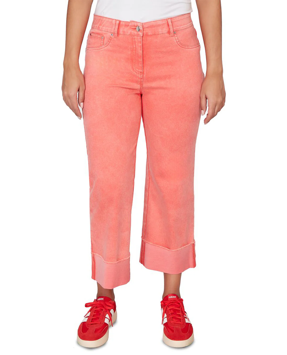 Ruby Road Petite Sunwashed Colored Denim Pant With Cuffed Hem Coral