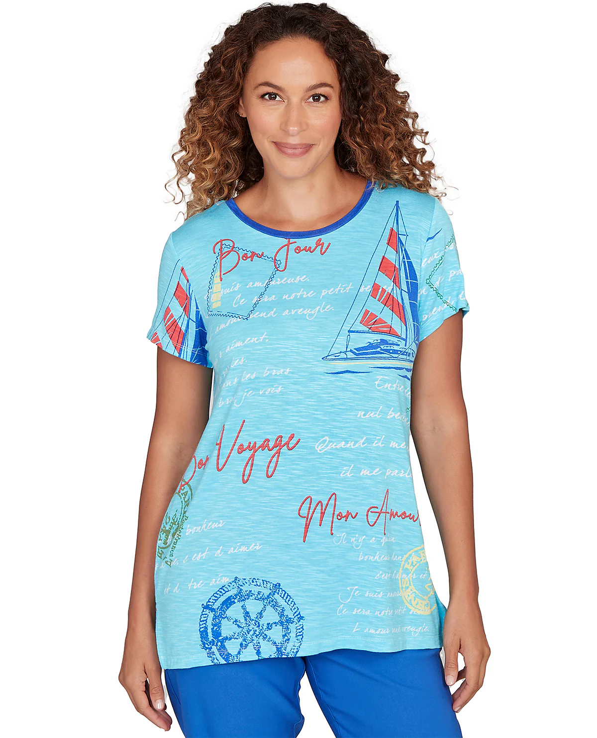 Ruby Road Set Sail Short Sleeve Print Knit Top Blue