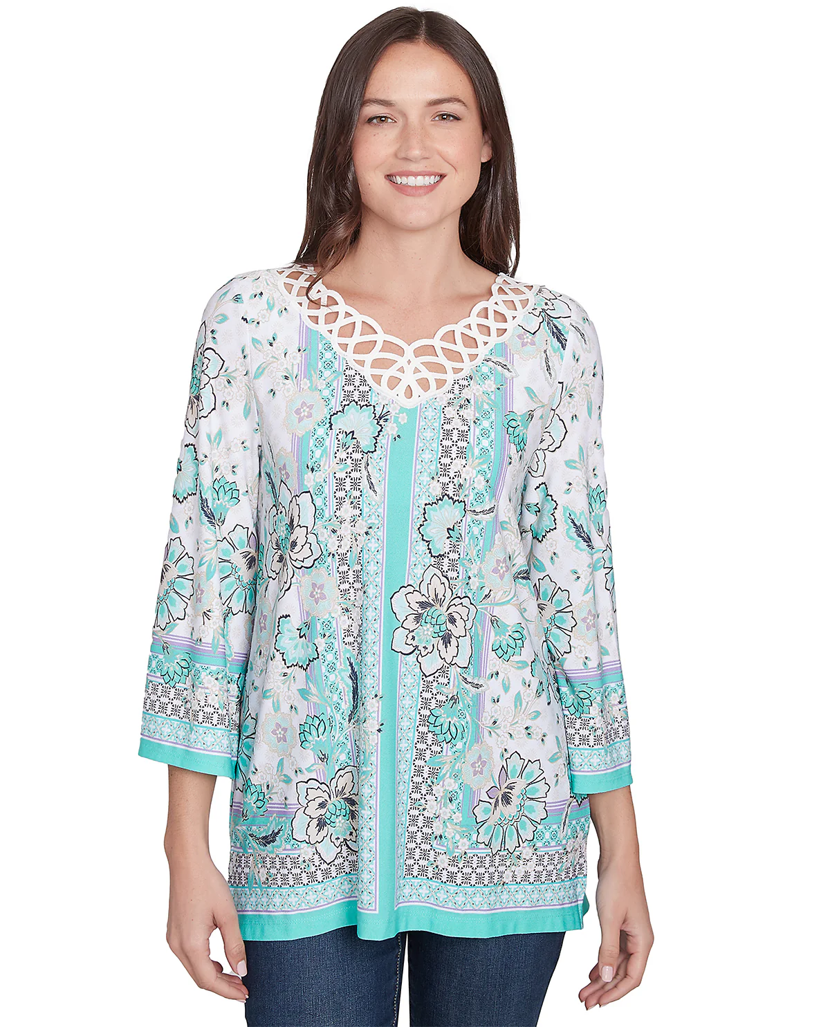 Ruby Road Hello Spring V-Neck Lace Crepe Knit Top Julep