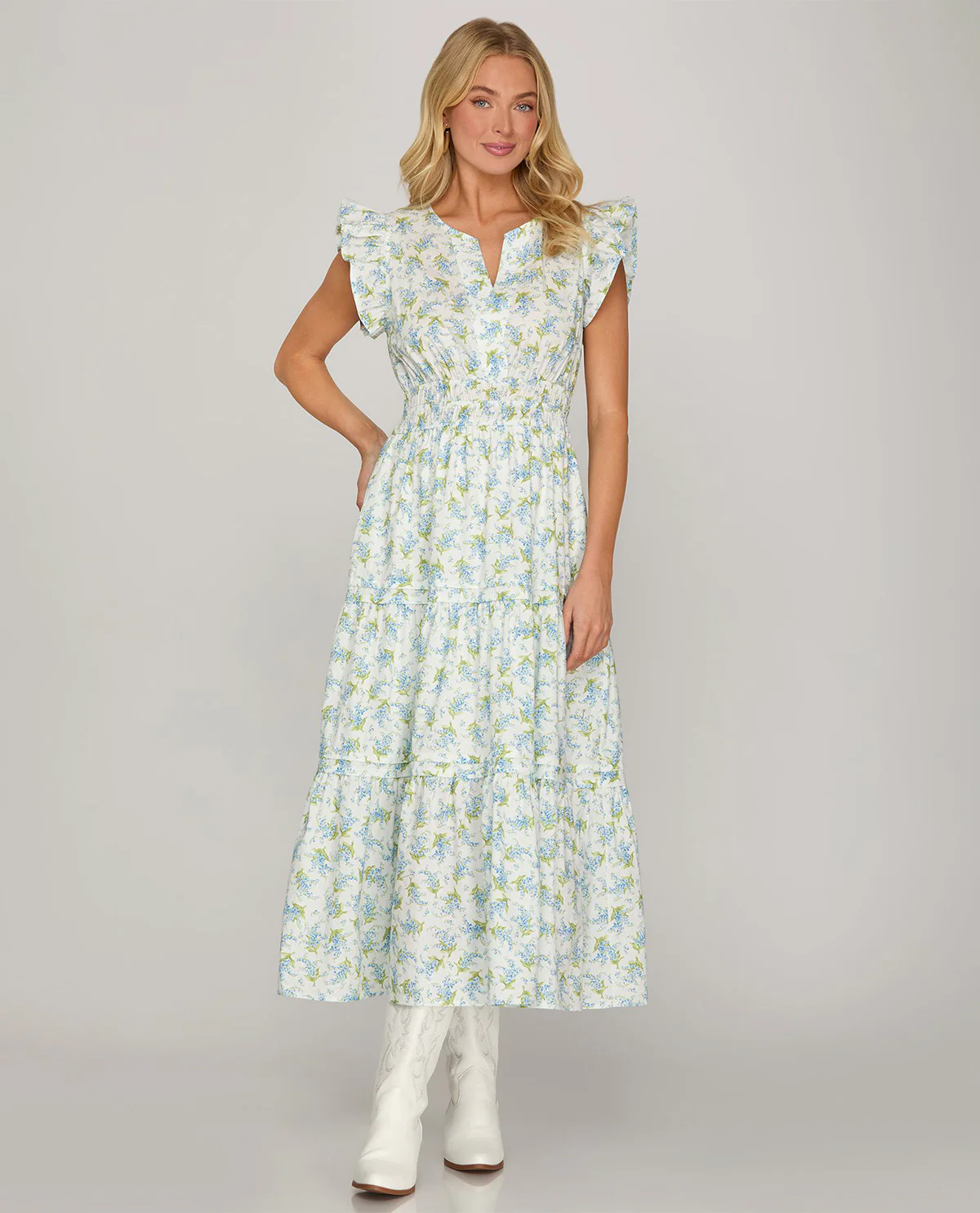 She and Sky Floral Print Tiered Dress White