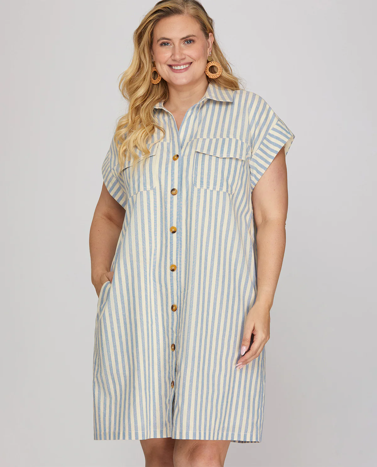 She And Sky Stripe Button Down Dress Lt Blue