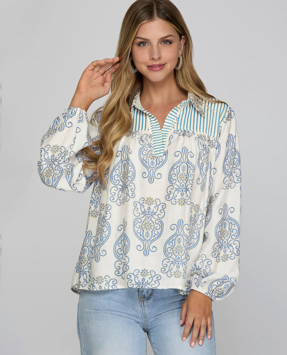 She and Sky Print Top with Collar and Stripe Contrast - Lt Blue