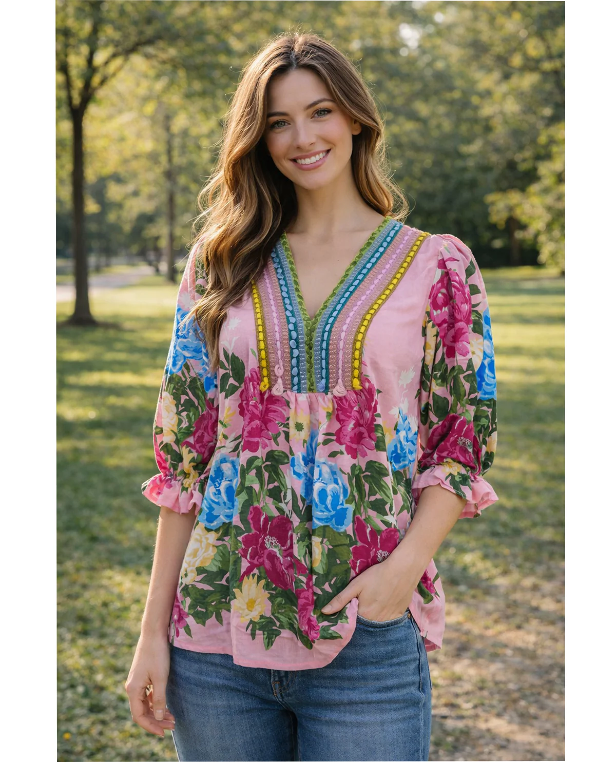 She and Sky Print V Neck Top with Multi Contrast