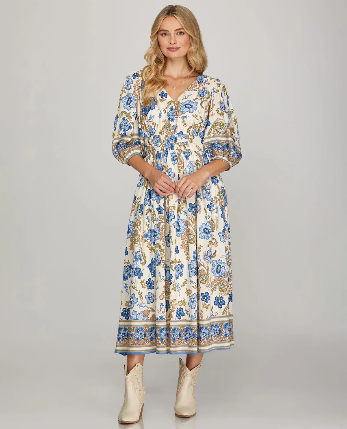 She and Sky V-Neck Dress With Border Blue