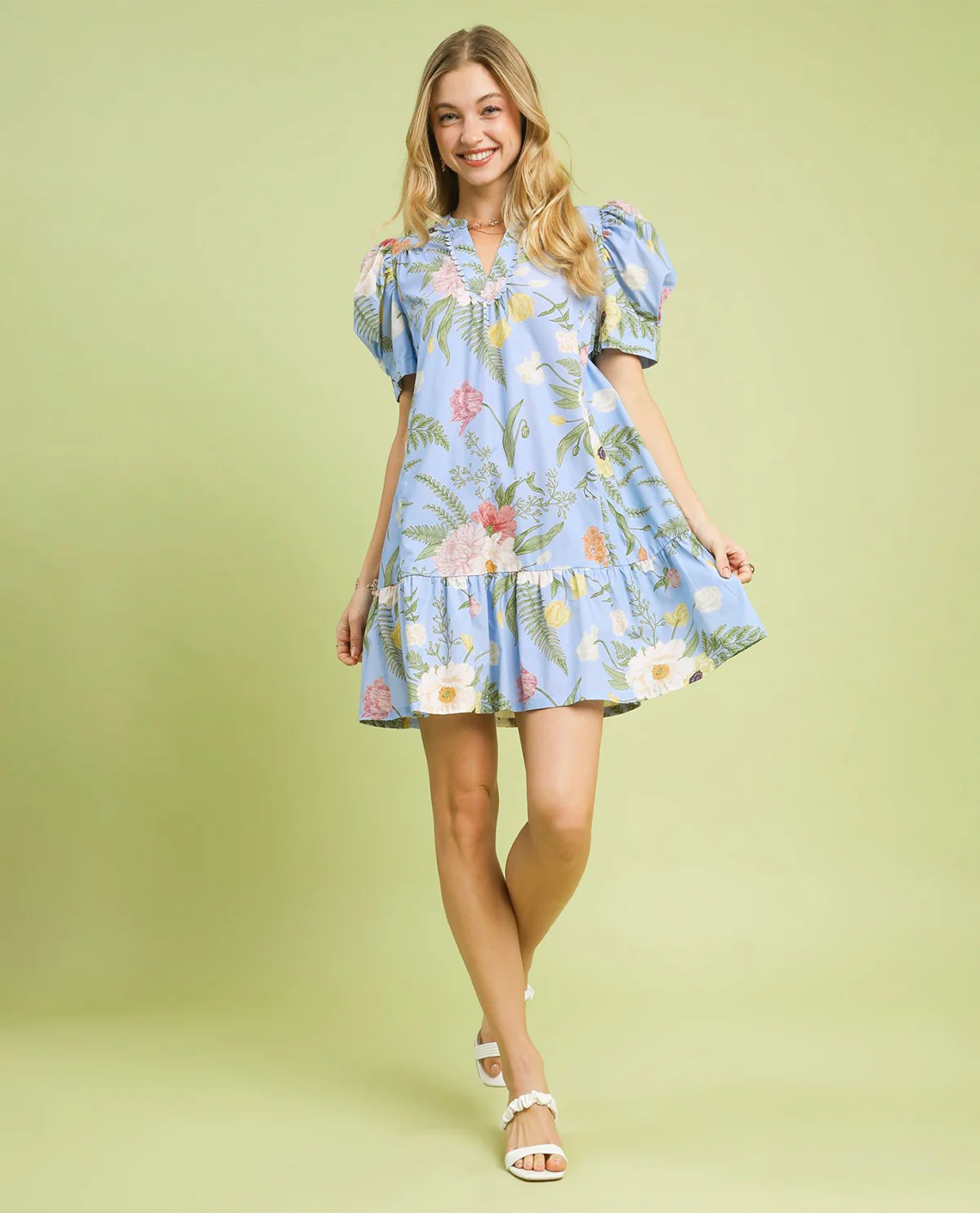 Umgee Floral Print Dress Puff Sleeve