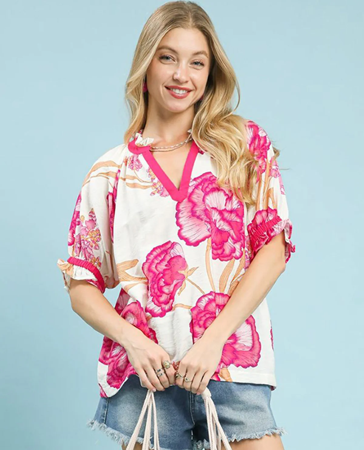 Umgee Floral Print Top With Contrast Detail