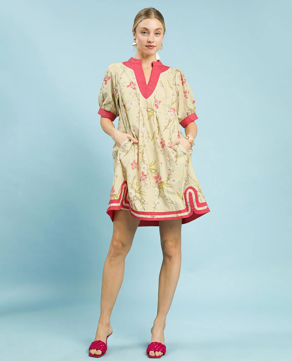 Umgee Floral Puff Sleeve Dress Yellow