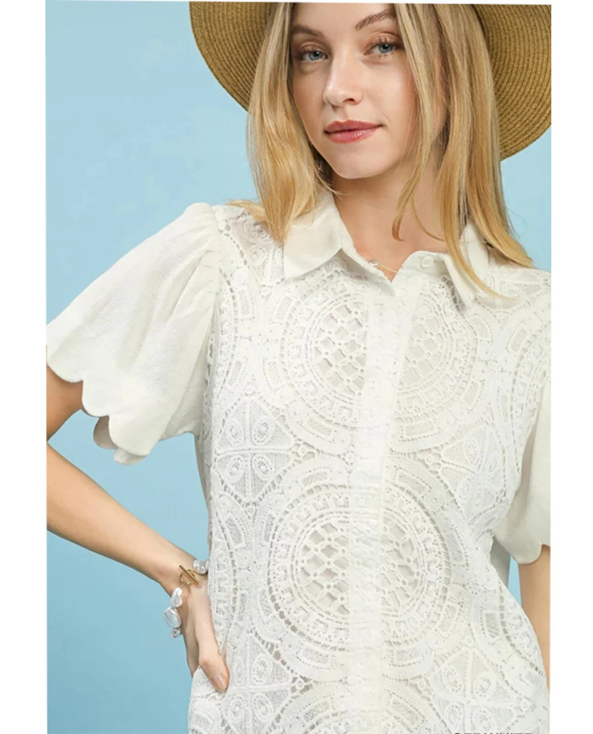 Umgee Lace Button Down Top Off White