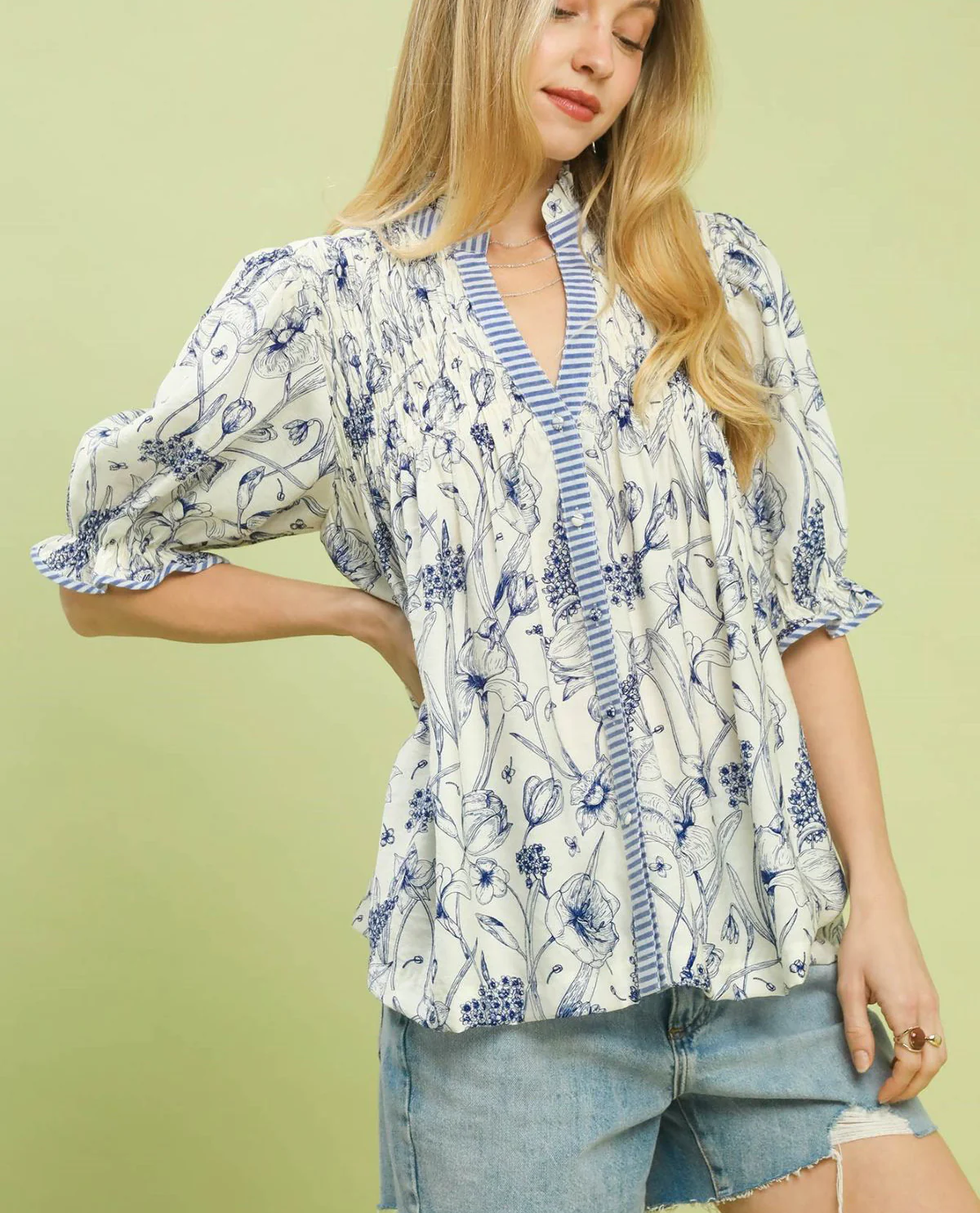 Umgee Mixed Print Button Down Top Blue