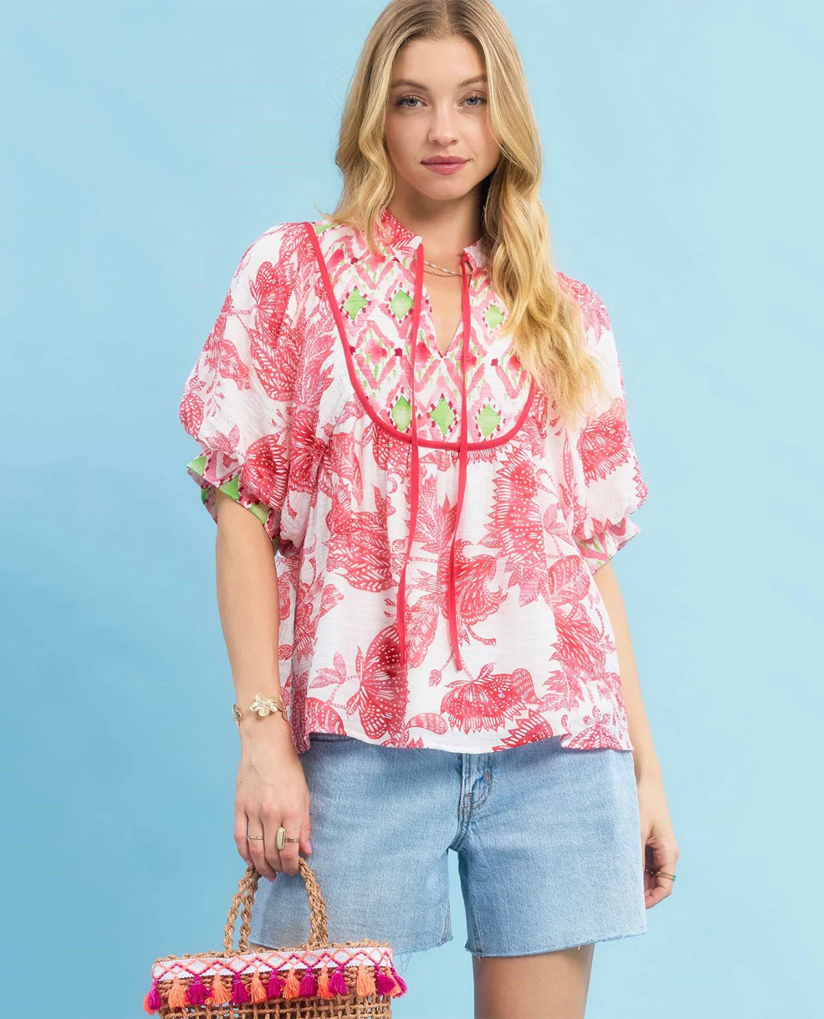 Umgee Mixed Print Top with Tie Detail
