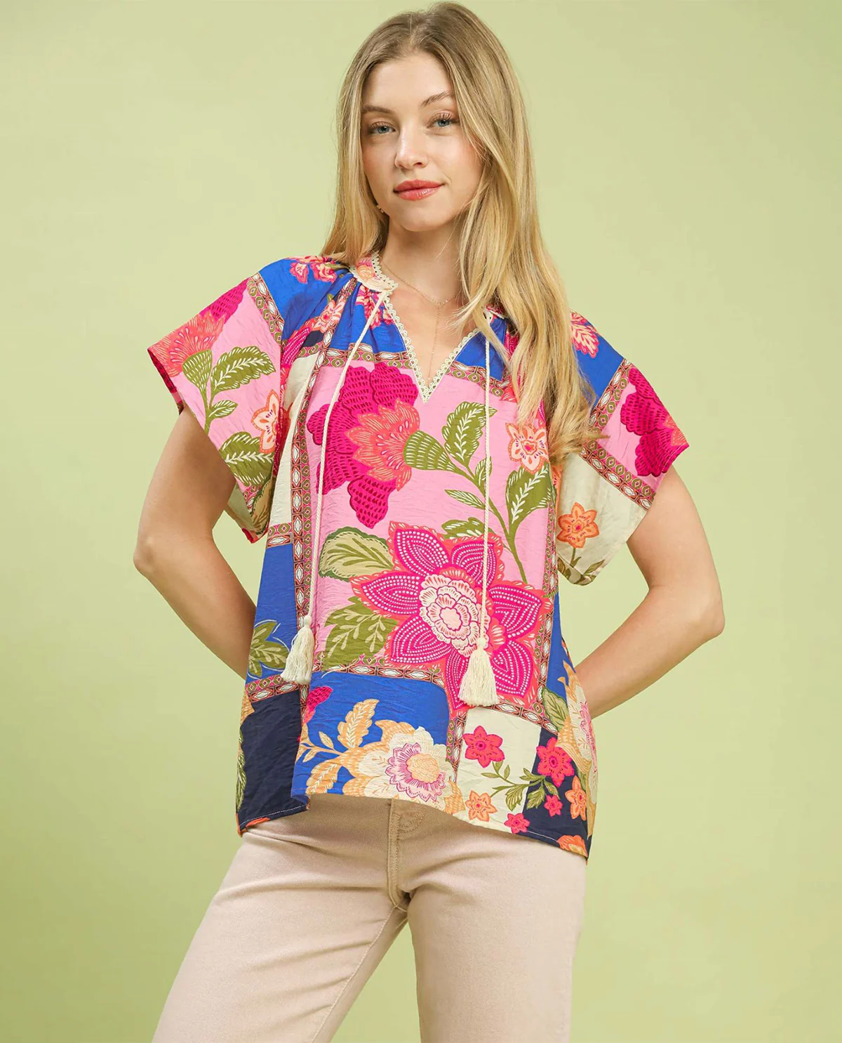 Umgee Patchwork Print Top Blue Mix