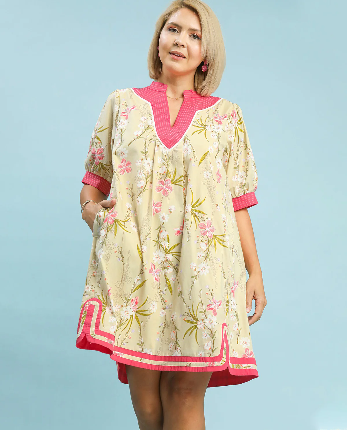 Umgee Print Dress With Contrast Trim Butter