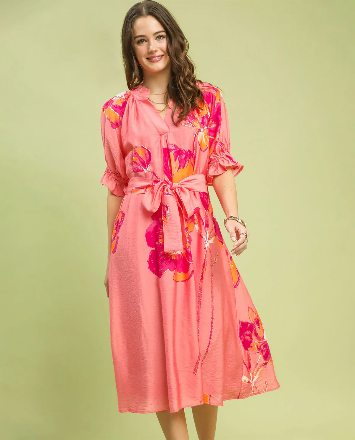 Umgee Print Tie Waist Dress Pink