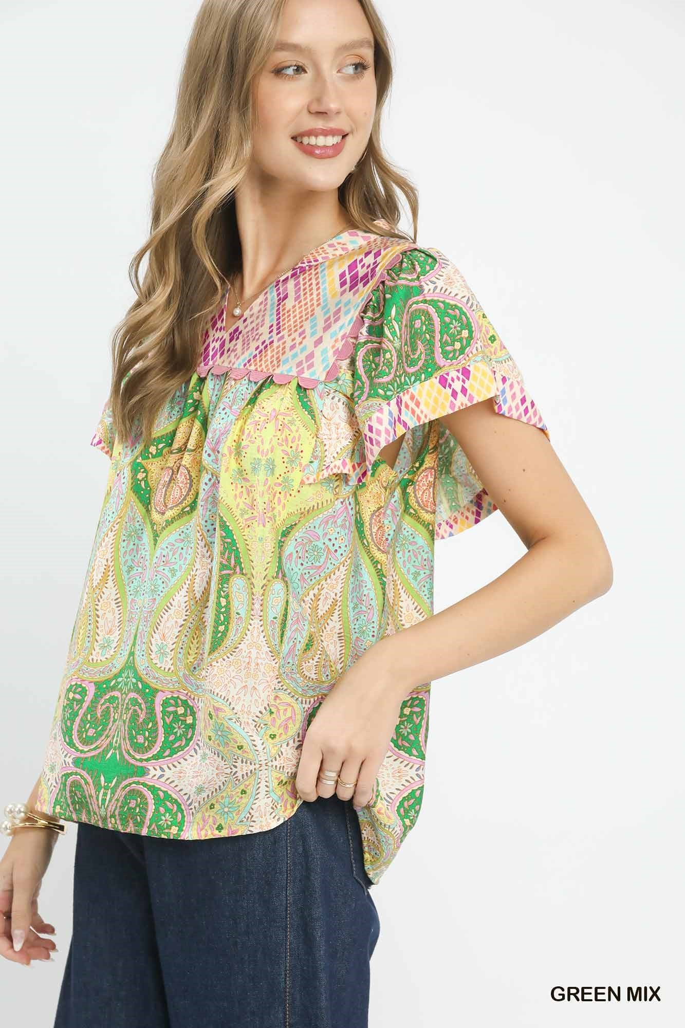 Umgee Floral Print Top Green