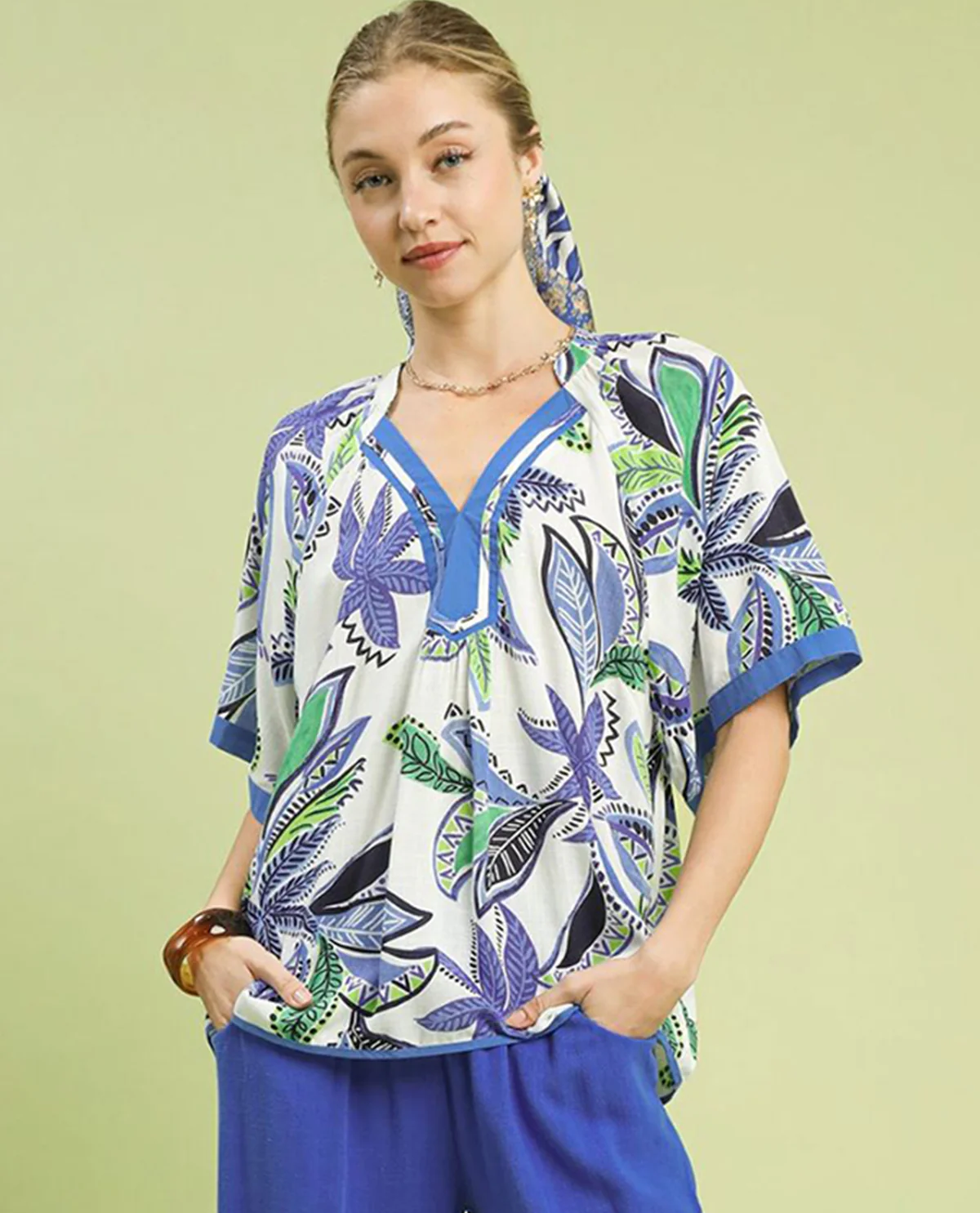 Umgee Print Top with Split V-neck and Short Relaxed Sleeves