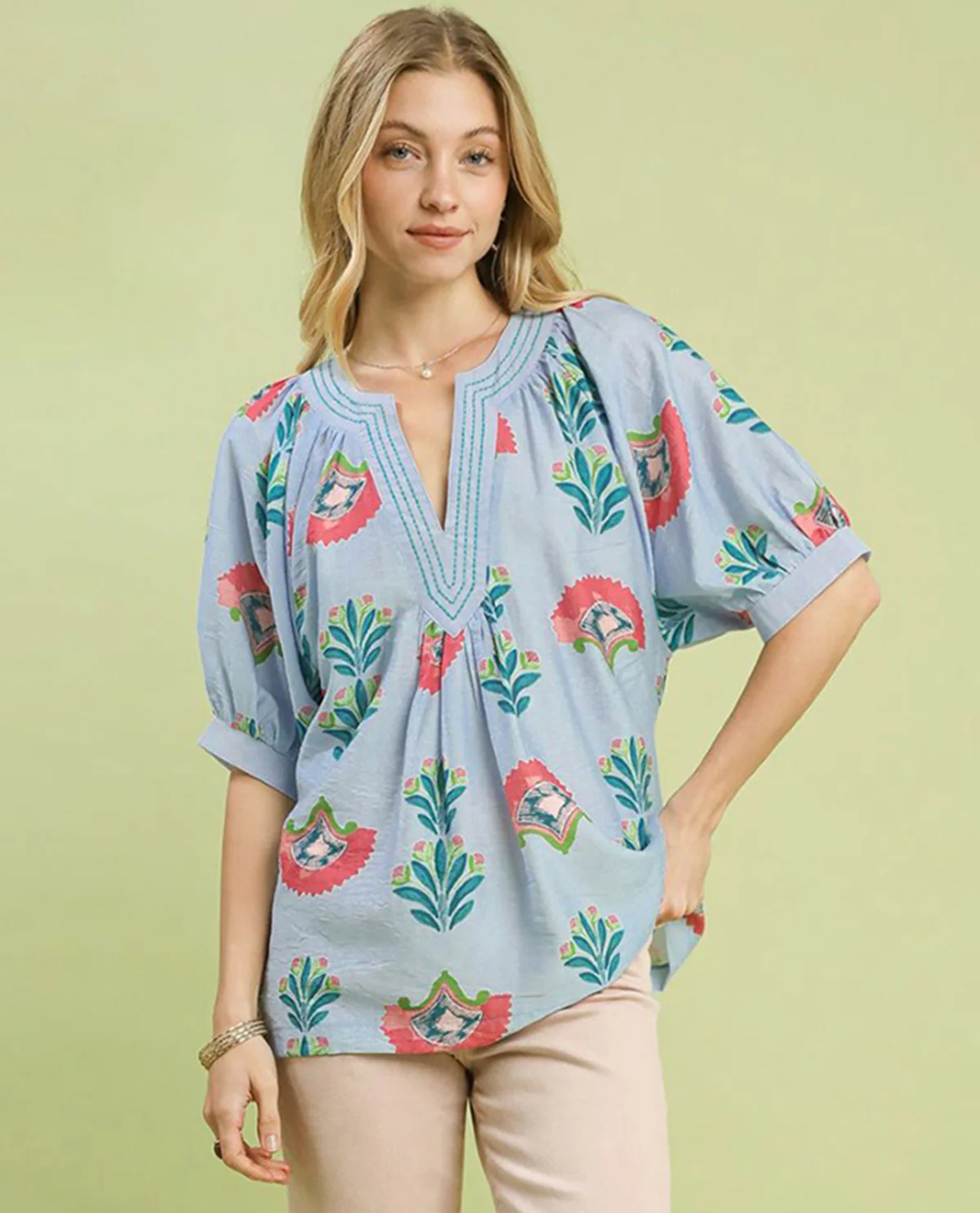 Umgee Print Top With Contrast Stitch Lt Blue