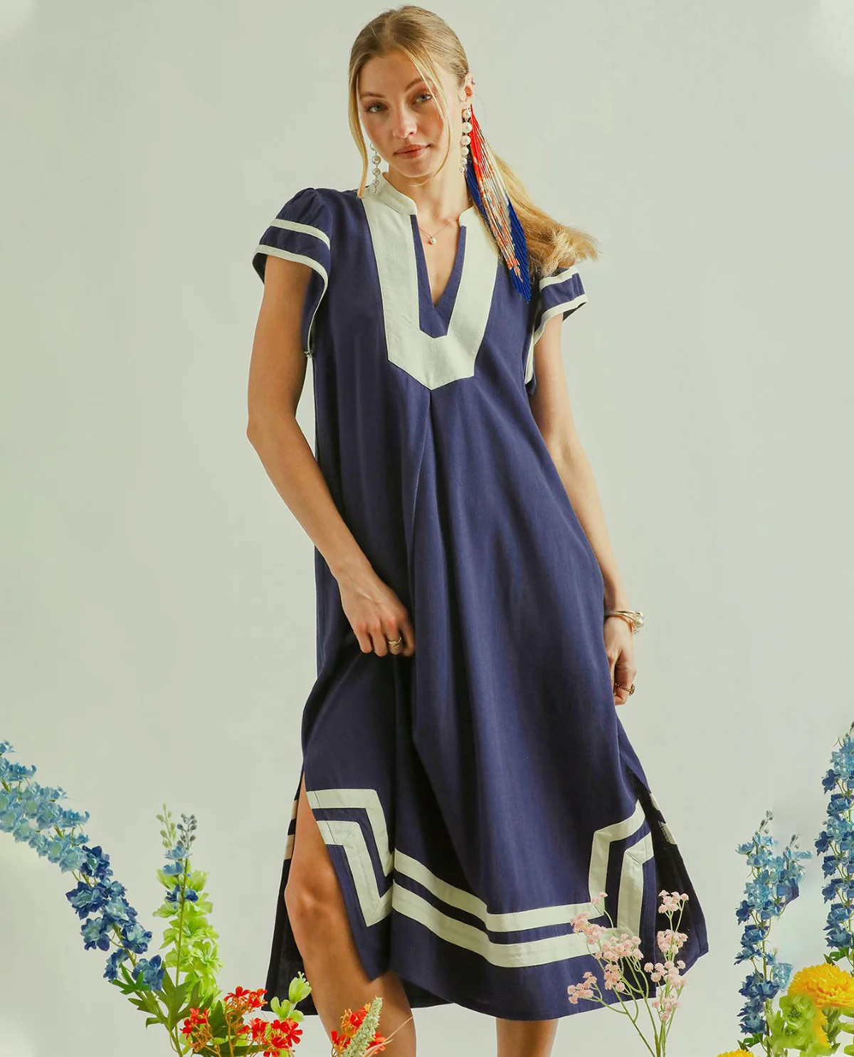 Umgee Solid Linen Dress with Contrast Trim Navy