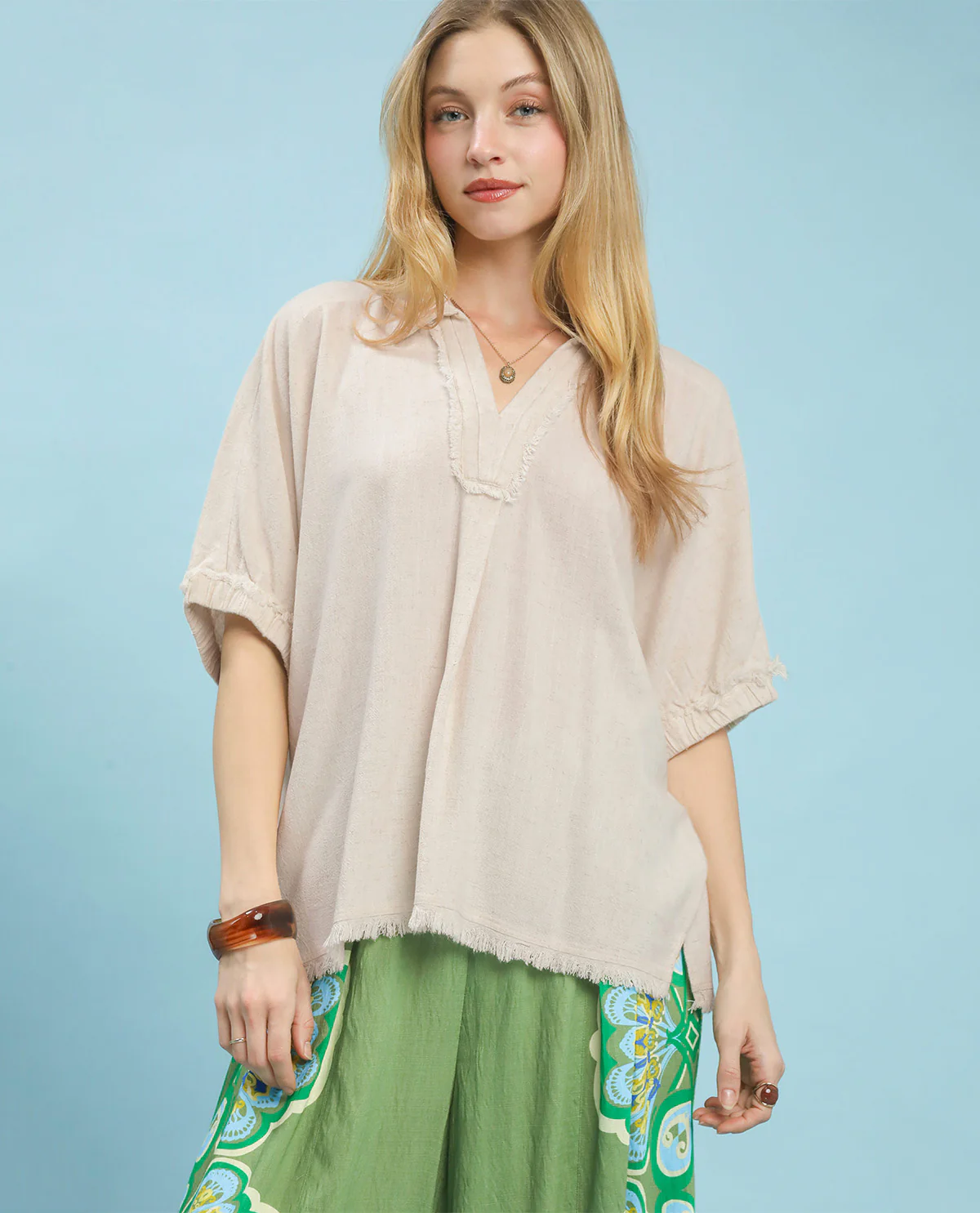 Umgee Solid Linen Top Oatmeal