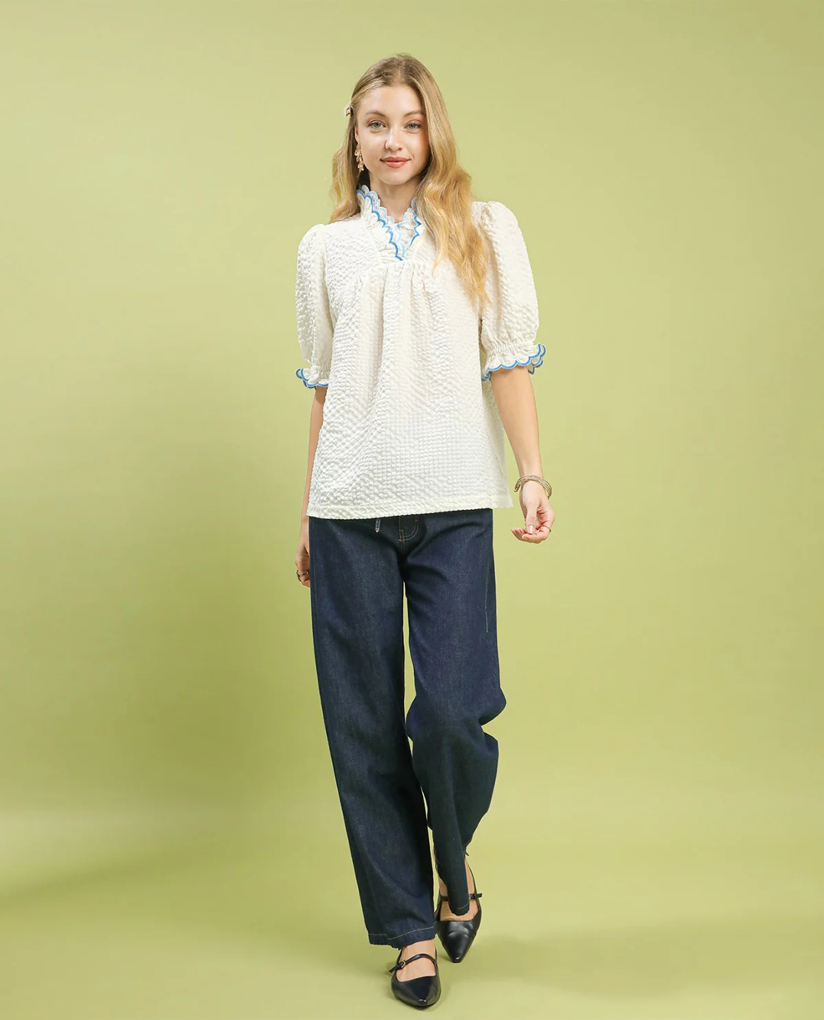 Umgee Solid Textured Puff Sleeve Blouse