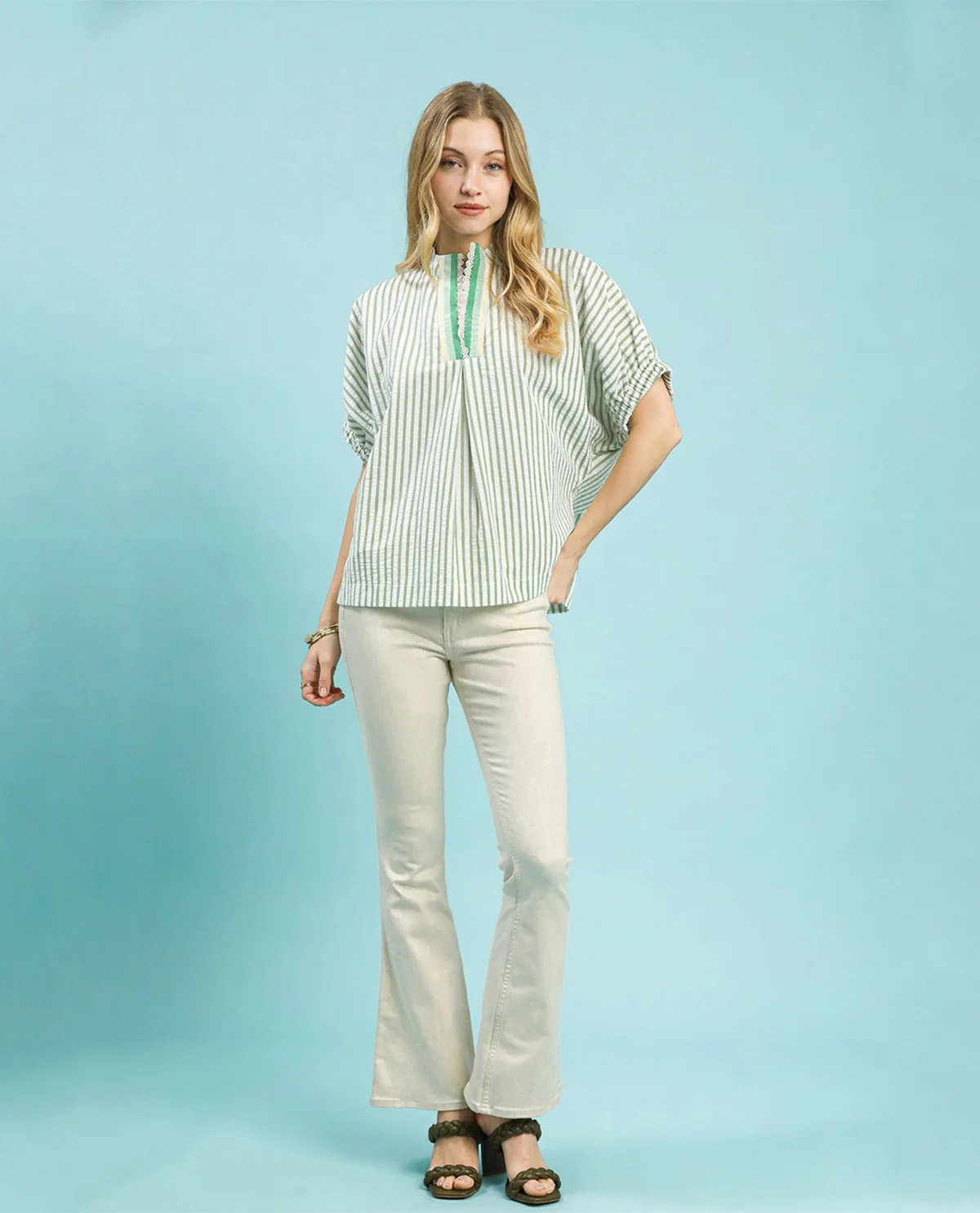 Umgee Stripe Lace Trim Pleated V-Neck Top
