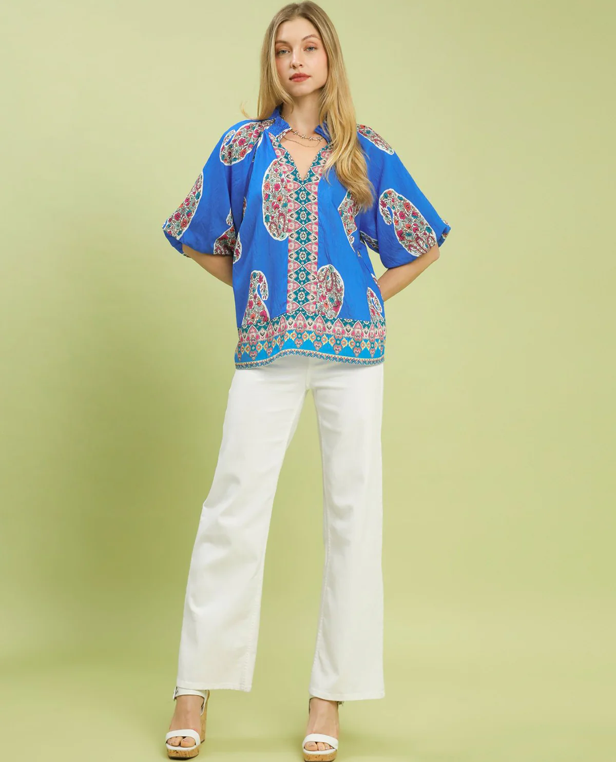 Umgee Paisley Border Print Top With Puff Sleeves Cerulean